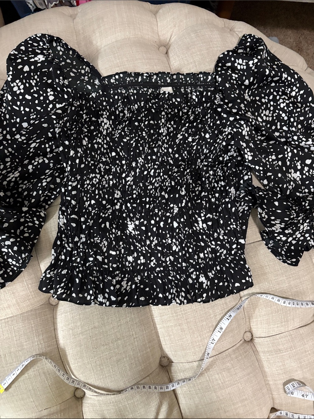 a new day Black Puff-Sleeve Smocked Blouse with White Speckle Print